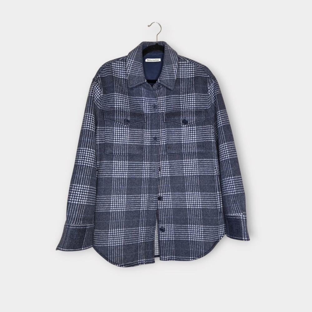 Reformation Plaid Print Button Down Shacket Jacket Blue Wool Women's Medium